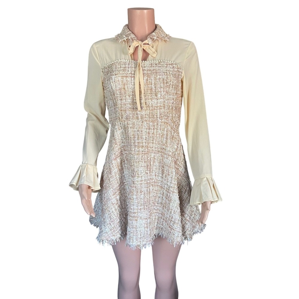 INA Cream Tweed Shift Dress Long Sleeve Soft Bow Neckline‎ Fringe Hem Women's S
